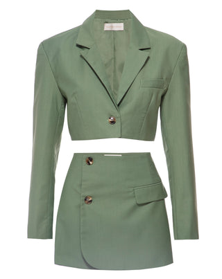 Green Cropped Blazer And Skirt Set